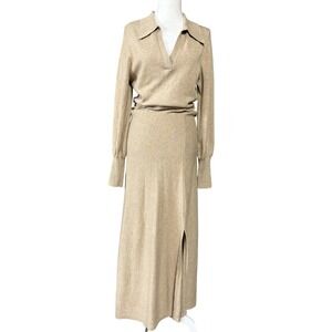 Nicholas Sweater Dress Womens M Beige Collared Wool Cotton Knit Maxi Long Sleeve